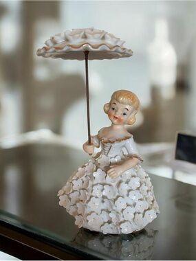 Vintage Porcelain Figurine Girl with Parasol - White and Gold Accents